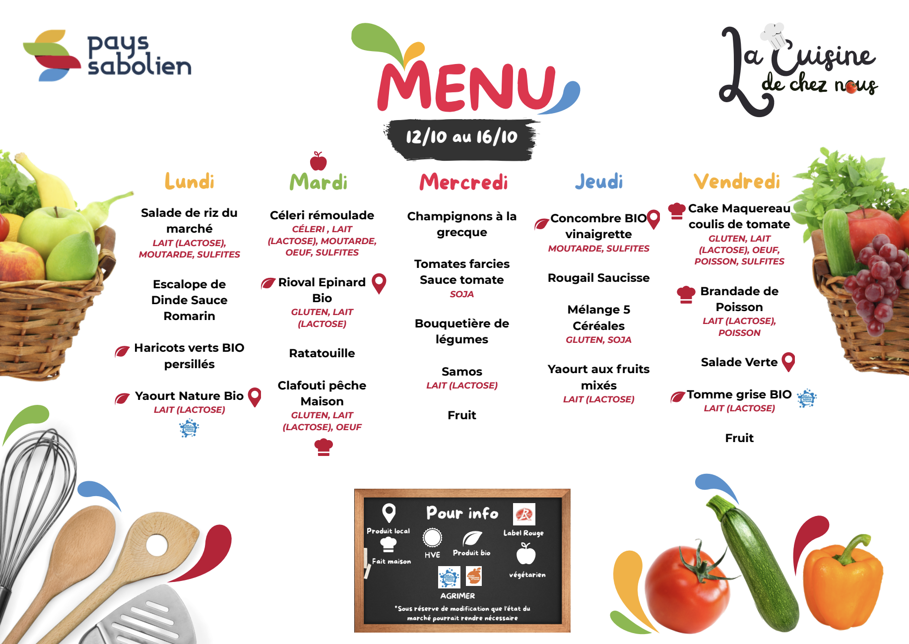 Menu standard — Du lundi 12 au vendredi 16 octobre 2026